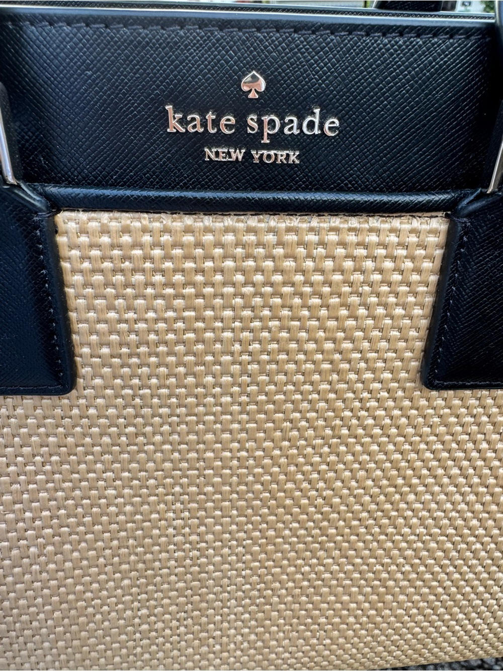 Kate Spade New York Raffia & Black Leather Satchel Crossbody Tote Bag - Picture 7 of 12